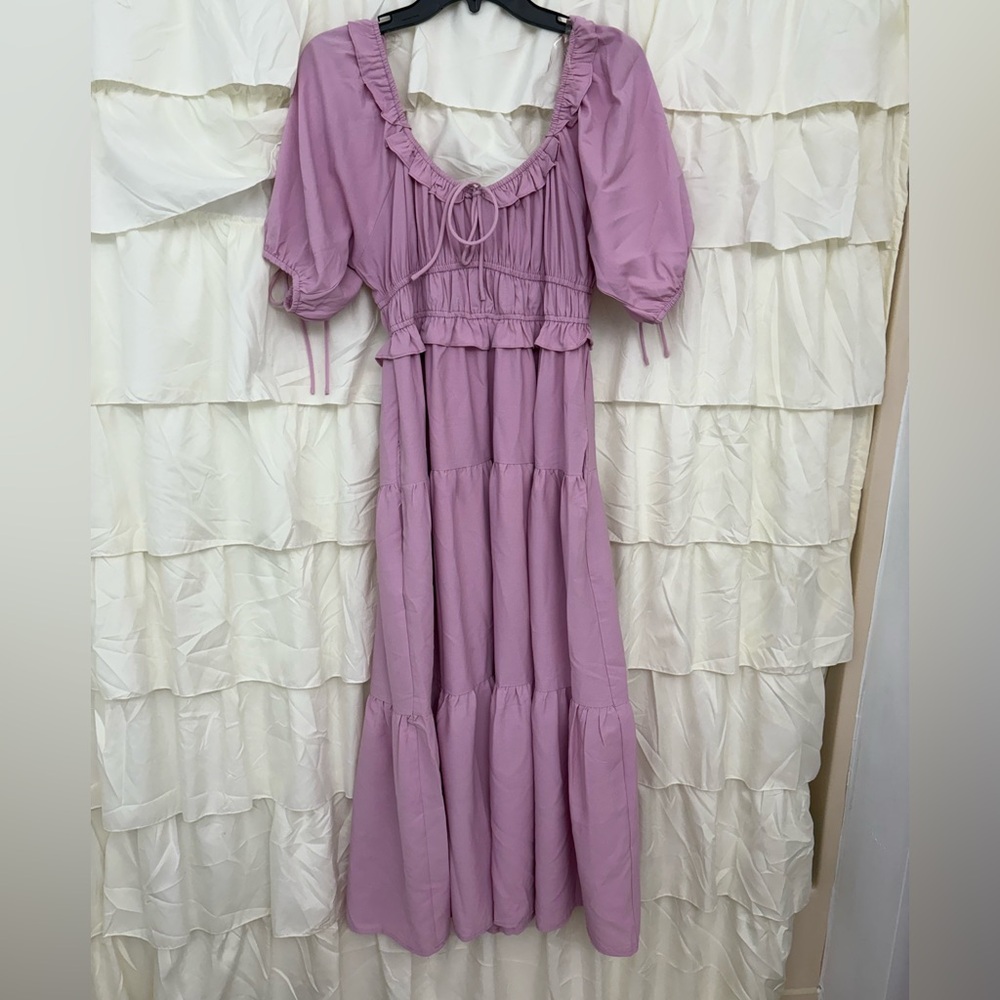 Purple Ruched Puff Sleeve Midi Sundress